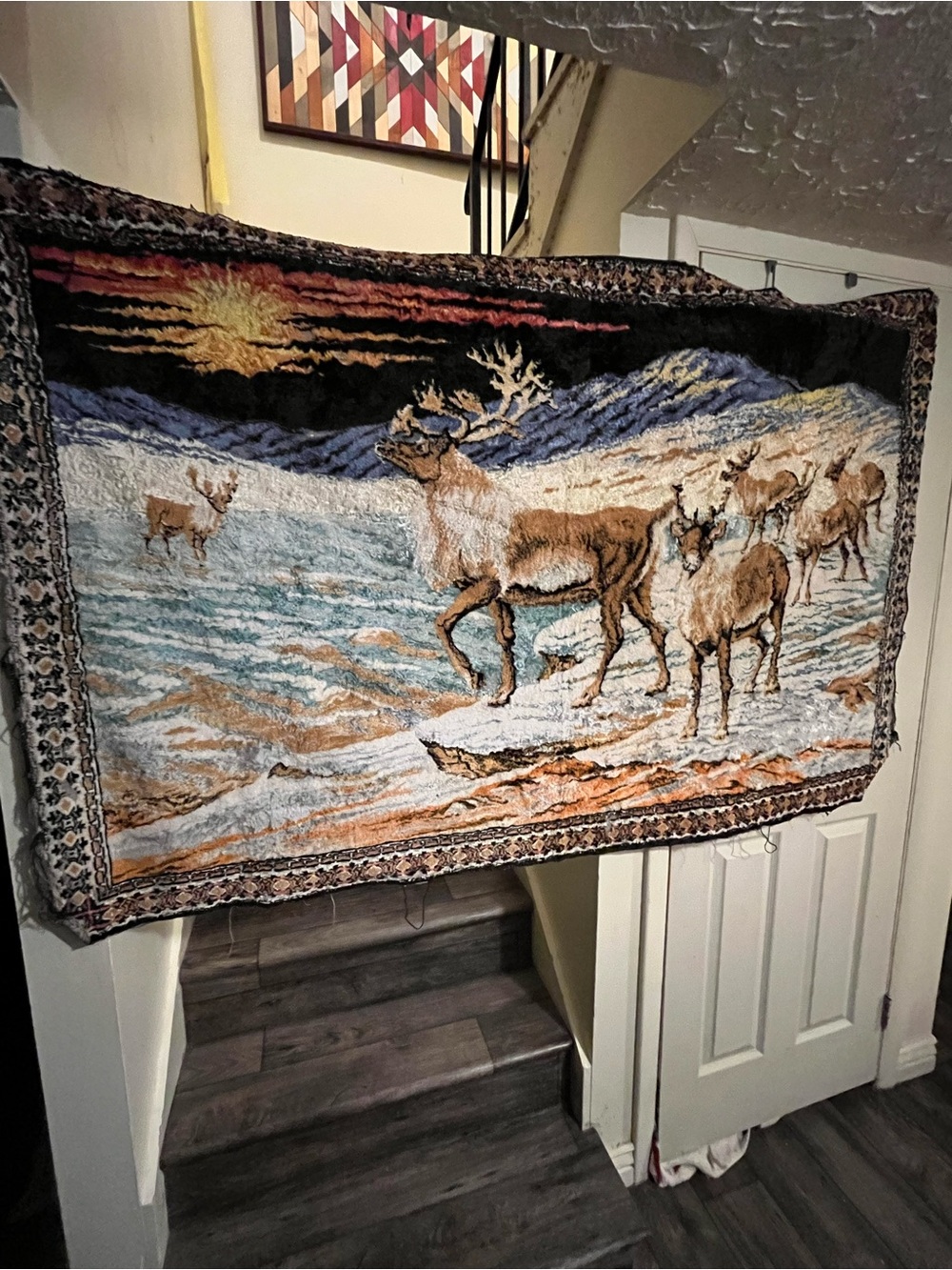 Vintage Velvet Tapestry Wall Hanging Carpet reindeer Deer Wildlife sunset